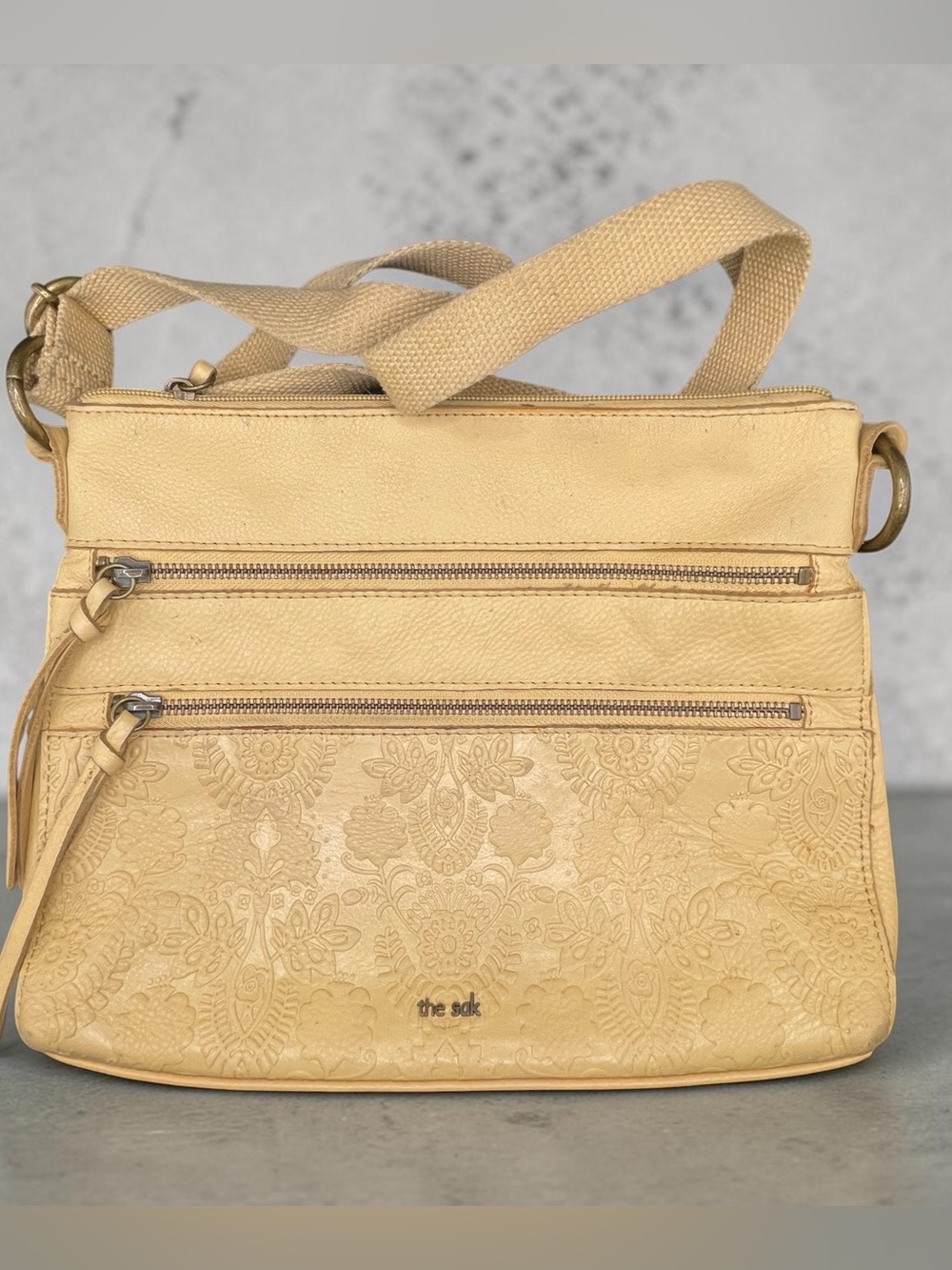 The Sak Embossed Leather Floral Crossbody Bag in ButterYellow